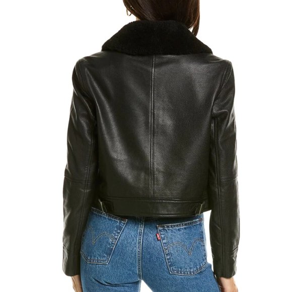 NWT Ted Baker Basile Shearling Collar Harrington Black Leather Jacket Size 3 - Picture 2 of 13